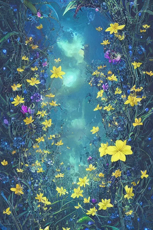 Prompt: beautiful digital matte painting of whimsical botanical illustration black and blue flowers with fireflies enchanted dark background dark contrast by android jones, vaporwave