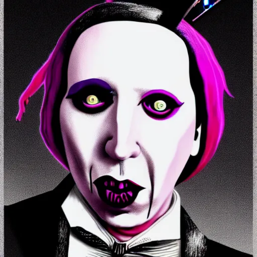 Prompt: graphic illustration, creative design, marilyn manson as willy wonka, biopunk, francis bacon, highly detailed, hunter s thompson, concept art