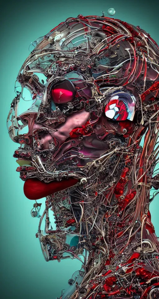 Prompt: cinema 4d colorful render, organic, ultra detailed, of a painted realistic face with glass helmet, scratched. biomechanical cyborg, syringes, dollar bills floating, analog, macro lens, beautiful natural soft rim light, blood, veins, sicko, winged insects and stems, roots, fine foliage lace, red and black details, Rick Owens, art nouveau fashion embroidered, intricate details, mesh wire, computer components, motherboard, live moss, bug features, floppy disk eyes,mandelbrot fractal, anatomical, facial muscles, cable wires, elegant, hyper realistic, in front of dark flower and feather pattern wallpaper, ultra detailed, 8k post-production