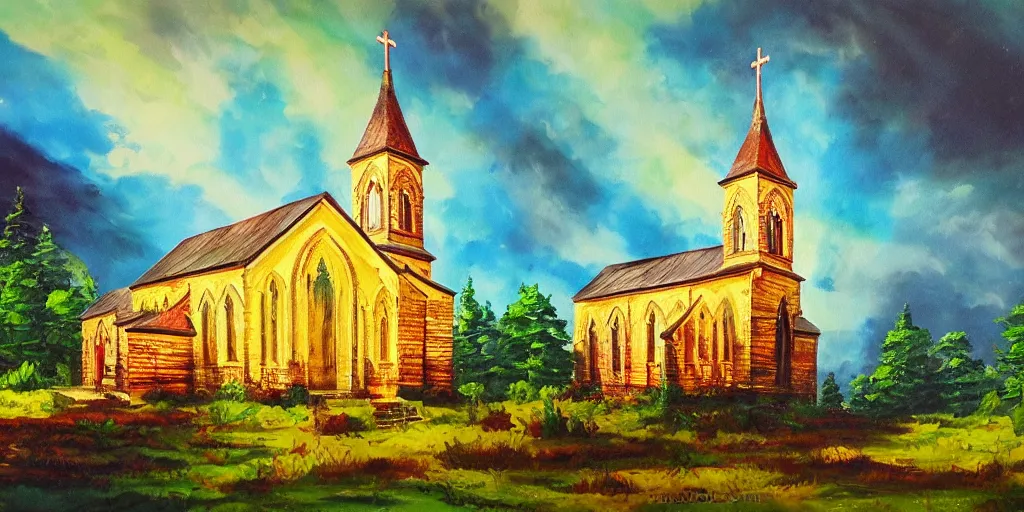 Prompt: a resplendent church in heaven, bright, oil painting of nature, beautiful concept art, ink painting