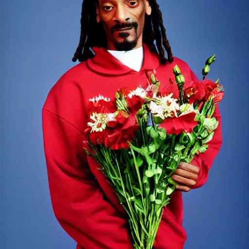 Prompt: Snoop Dogg holding a Vase of flowers for a 1990s sitcom tv show, Studio Photograph, split lighting, portrait, C 12.0