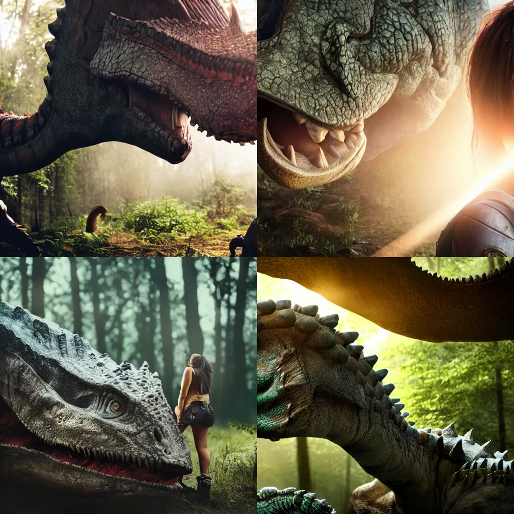Prompt: closeup of monster hunter woman\'s face examining a sleeping dinosaur in the forest, natural lighting, moody shadows, god rays, faint dust in the air, DSLR photo, 4k