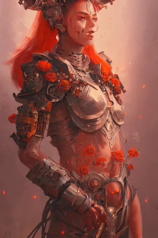 Image similar to portrait of beautiful young mainem, warhammer, japaneese style, cyberpunk armor, a lot of more scars, more and more flowers, orange head, the middle ages, highly detailed, artstation, illustration, art by greg rutkowski, 8 k quality