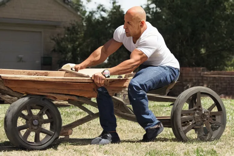 Image similar to Vin Diesel driving a wheelbarrow