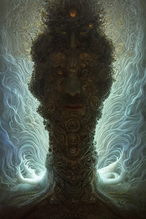 Prompt: Intricate stunning highly detailed deity by agostino arrivabene and Vladimir Kush, surreal, digital painting, ultra realistic, Horror vacui, dramatic lighting, full moon, thick black swirling smoke tornado, burning fire embers, artstation