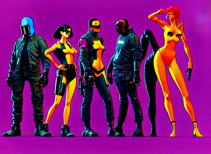 Image similar to cyberpunk heist crew. portrait by stonehouse and mœbius and will eisner and gil elvgren and pixar. character design. realistic proportions. cyberpunk 2 0 7 7 character art, blade runner 2 0 4 9 concept art. cel shading. attractive face. thick lines. the team. diverse characters. artstationhq.