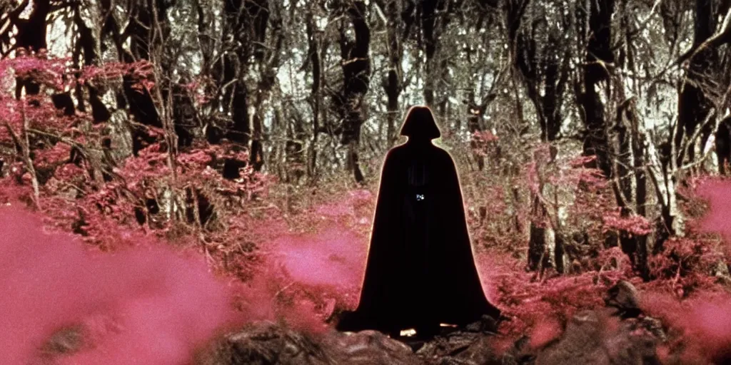 Prompt: screenshot from the film Star Wars The Lost Jedi 1982, of Luke Skywalker in dark jedi robe is lost on a surreal pink planet with black trees, minamilist 1980s sci fi film by Stanely Kubrick film, color kodak, Ektachrome, anamorphic lenses, detailed faces, hyper-realistic, photoreal, detailed portrait, moody award winning cinematography, beautiful lighting