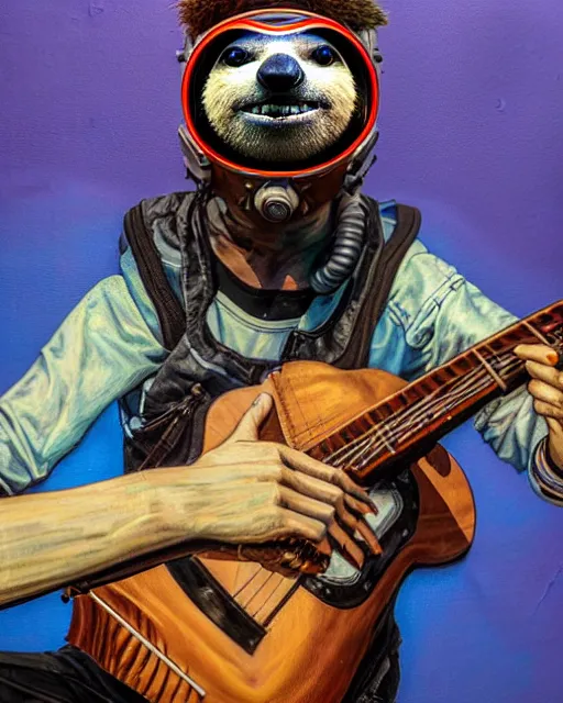 Image similar to a portrait of an anthropomorphic cyberpunk sloth strumming an acoustic guitar by sandra chevrier, by jon foster, detailed render, tape deck, epic composition, cybernetics, 4 k realistic, cryengine, realistic shaded lighting, sharp focus, masterpiece, by enki bilal