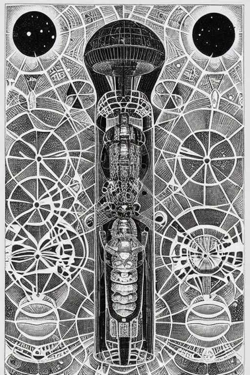 Image similar to a black and white drawing of an international space station, bioluminescence, a detailed mixed media collage by eduardo paolozzi and ernst haeckel, intricate linework, sketchbook psychedelic doodle comic drawing, geometric, deconstructivism, matte drawing, academic art, constructivism