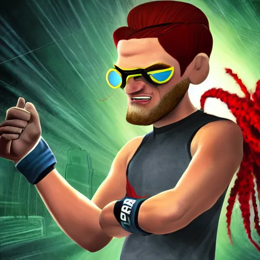 Prompt: character screenshot of ufc sean o'malley in psychonauts, rainbow hair dreadlocks, ps 3 video game, 3 d character render, dream world, 7 2 0 p, cutscene, cartoony designed by scott campbell