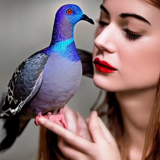 Prompt: portrait of woman who kissing a pigeon, realistic photography