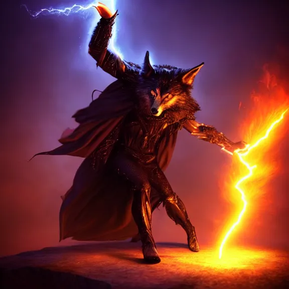 Prompt: magic humanoid strong wolf sorcerer casting a powerful arcane magic spell, fire, ice, lightning, fantasy, occult, majestic pose, dramatic lighting, cinematic scene, frank frazetta, visually stunning, sharp focus, highly detailed, colorful, trending on artstation, unreal engine, octane render, cgsociety, artgerm, award - winning