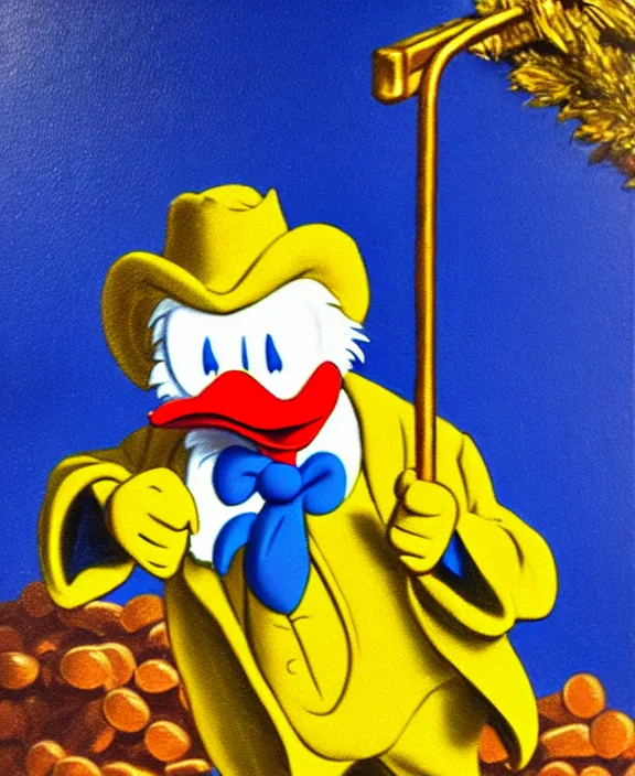 Image similar to Scrooge McDuck from the Duck Tales in blue costume standing on a mountain of golden gold and holding a cane, view from below, full body portrait including head, oil painting, highly detailed