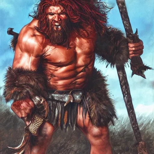 Prompt: ripped barbarian viking, pulling a raven away from his face, face with agonised expression, sunset in a forest, by simon bisley and daarken, hyper realistic