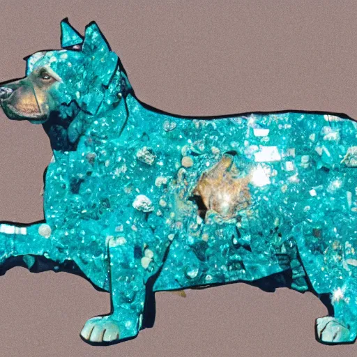 Image similar to a photograph of a huge dog in space made of turquoise colored crystals