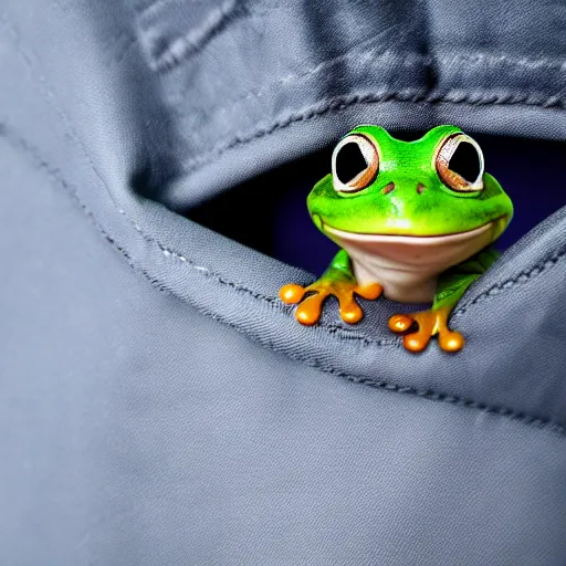 Prompt: a funny picture of a happy frog peeking out of a jacket pocket, 4K