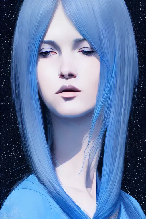 Image similar to centered detailed portrait of a beautiful intimate woman with long blue interstellar galaxy hair, by Ilya Kuvshinov