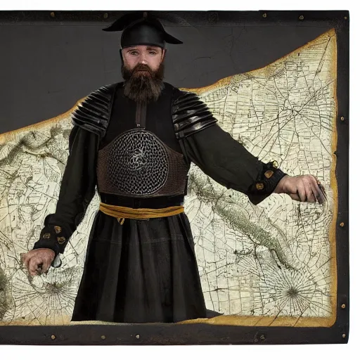 Image similar to Closeup of frustrated and acerbic male medieval sergeant with a {short} beard wearing a {black!!!! and yellow tabard} over a steel breastplate and a black gambeson looking up from a map on a table, intricate, dramatic lighting illustration by Greg Rutkowski, {perfect face}, {perfect eyes}, fantasy