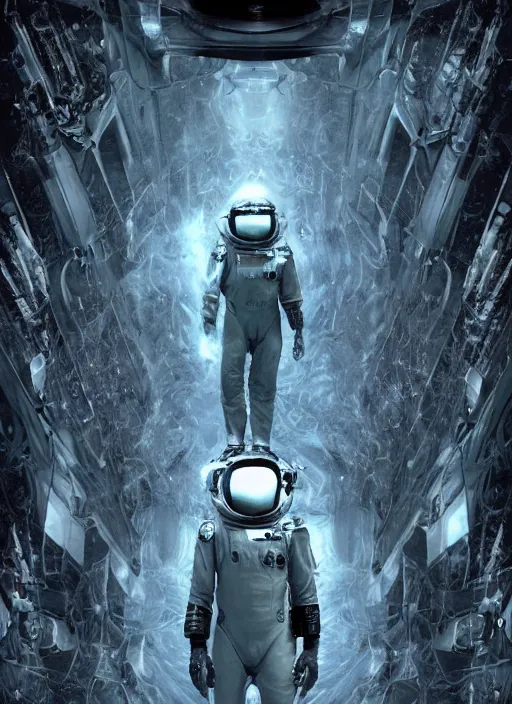 Image similar to astronauts in dark and empty void underwater - complex and hyperdetailed technical suit. reflection and dispersion materials. rays and dispersion of light. volumetric light. 5 0 mm, f / 3 2. noise film photo. flash photography. ultra realistic, wide angle. poster by wayne barlowe, hajime sorayama aaron horkey, craig mullins