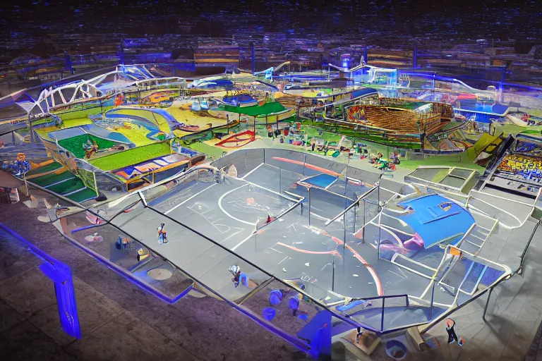 Image similar to isometric view of a high - tech sky arena inspired by modern skate parks and modern chinese playgrounds on nintendo switch, wide angle, cinematographic shot, day