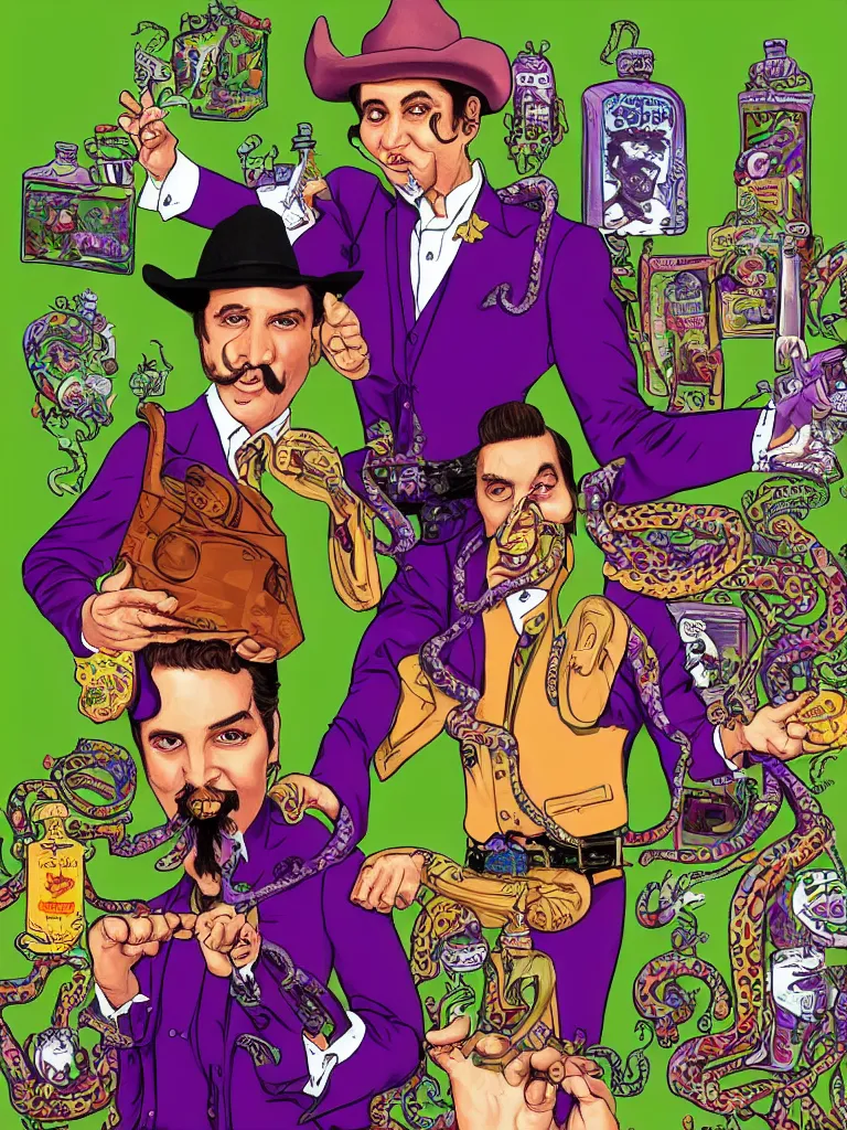 Prompt: long shot full body portrait of professional wrestling salesman elvis presley johnny cash cowboy snakeoil salesman wearing oversized cowboy hat with curly moustache and anthropomorphic purple snakeskin business suit, pictured in front of a green screen selling locomotive petroleum snake oil eggs bottled in faberge briefcases from the distant future, portrait art by lisa frank and basil wolverton