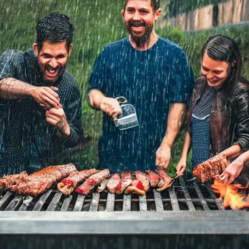 Image similar to portrait of people doing bbq under heavy rain, ultra realistic face detailed eyes