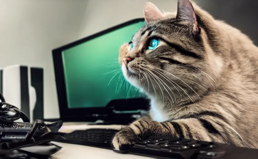 Prompt: a cat playing on a gaming computer, realistic, dark, rgb