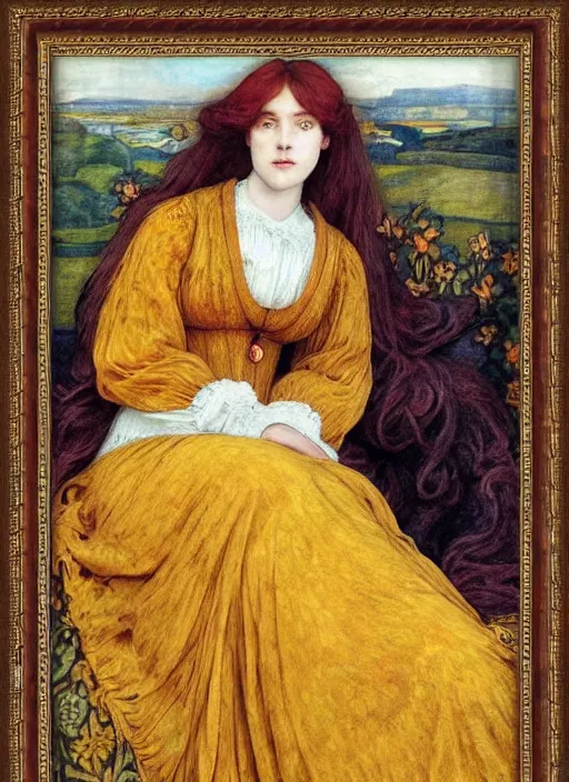 Prompt: preraphaelite portrait photography reclining on bed, framed, big brown fringe, yellow ochre ornate medieval dress, william morris, 4 k
