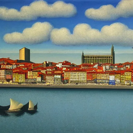 Image similar to Porto skyline, painting by rene magritte, high detail, high resolution