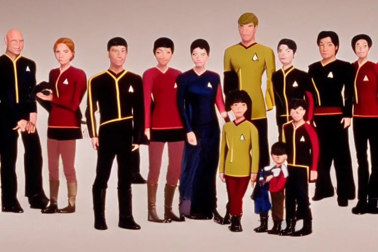 Image similar to star trek next generation enterprise - d bridge crew, captain picard in center, family portrait, in style of studio ghibli