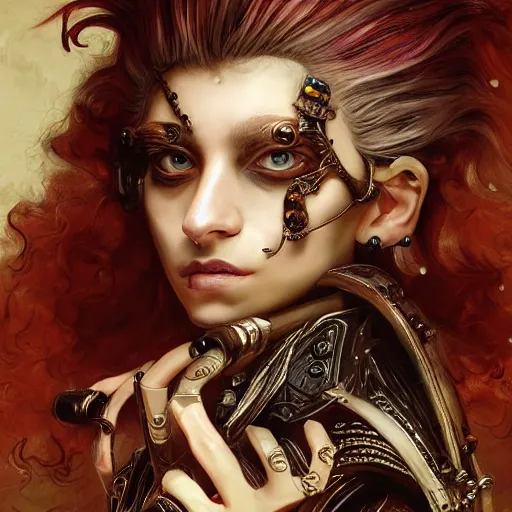 Image similar to portrait, headshot, insanely nice professional hair style, dramatic hair color, digital painting, of a old 17th century, old cyborg merchant, amber jewels, baroque, ornate clothing, scifi, realistic, hyperdetailed, chiaroscuro, concept art, art by Franz Hals and Jon Foster and Ayami Kojima and Amano and Karol Bak,