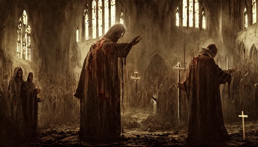 Prompt: dark rotting priest conducts rite of baptism, destroyed church, blood, crosses, religion, death, fear, horror, ultra realistic, hyperrealism, perfect faces, fine details, detailed and intricate environment, by stephan koldi, by marc simonetti, 4 k