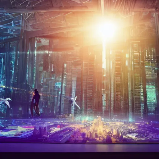 Image similar to large group people in a frame warehouse, looking at hologram of futuristic city on a table, cinematic concept art, godrays, golden hour, natural sunlight, 4 k, clear details, tabletop model buildings, tabletop model, hologram center, crane shot, crane shot, crane shot