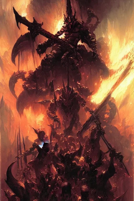 Image similar to evil demonic hell sword on a table portrait dnd, painting by gaston bussiere, craig mullins, greg rutkowski, yoji shinkawa