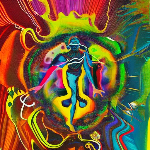 Image similar to people talking running joking jumping. chaos. human mind in the centre. alla collapsing. 4 k. surrealist. psychedelic.