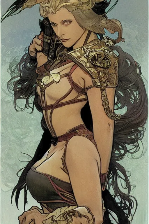 Prompt: female thief, d & d, fantasy, portrait, in travis charest and alphonse mucha