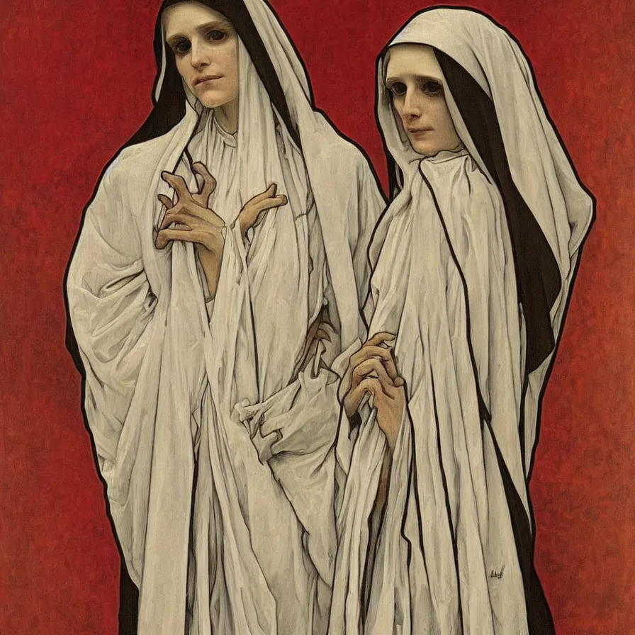 Image similar to a Masterpieces portrait of a skeleton nun in the style of Alphonse Mucha,Realistic style,oil on canvas