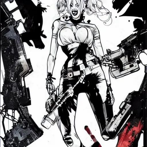 Image similar to dc vertigo Harley Quinn by yoji shinkawa and Ashley wood, black and white, detailed