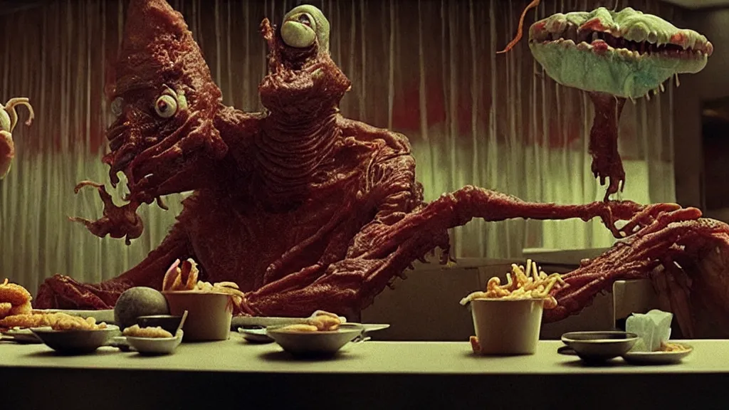 Image similar to the strange creature at the fast food place, they scare my family, film still from the movie directed by denis villeneuve and david cronenberg with art direction by salvador dali and zdzisław beksinski