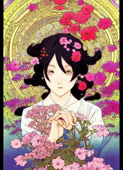 Image similar to exquisite imaginative manga poster art of keqing, genshin impact, flowers, pearlescent, shimmering, reflective, rim light, detailed background, by kojima ayami, akihiko yoshida, minaba hideo, alphonse mucha, art nouveau, illustration, artstation, concept art, highly detailed, colorful, maximalist