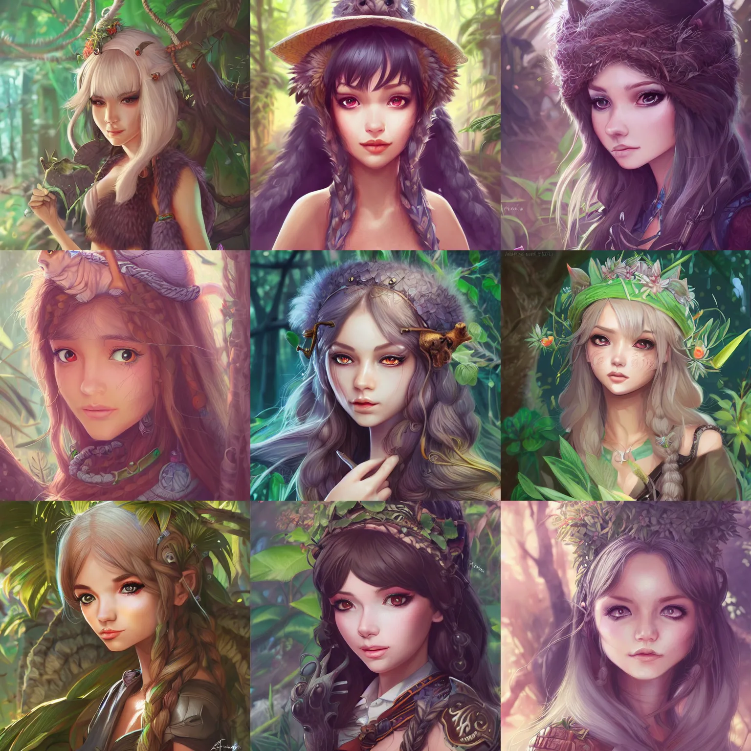Prompt: portrait of cute wizard girl, in the jungle, ferret motif clothing, high fantasy, dnd, face details, extremely detailed, smooth, sharp focus, digital illustration, by artgem, rossdraws, sakimichan