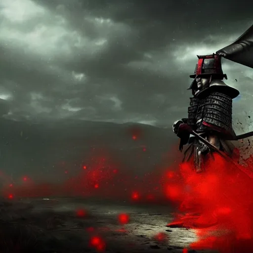 Prompt: a samurai looking to the sky while it's raining blood on his face, unreal engine fantasy art, hauntingly beautiful art, beautiful composition, hd, 8k, detailed, nighttime