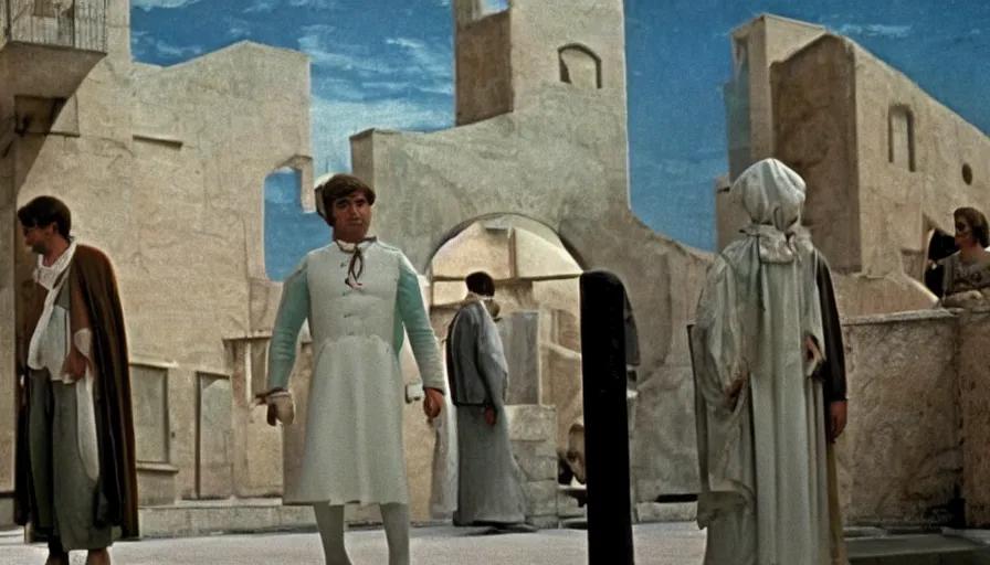 Prompt: a scene from the movie la felicita ( 1 9 7 1 ) by luchino visconti with mastroianni entering a science - fiction city reminiscent of the ideal city by piero della francesca. technicolor, cinematic, 5 0 mm, highly detailed