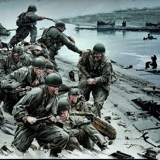 Image similar to d - day scene from saving private ryan except it's by victo ngai and yoji shinkawa moebius jean girard and stuart brown bryan christie godmachine keith thompson psychedelic combat art world war two combat photography photorealistic