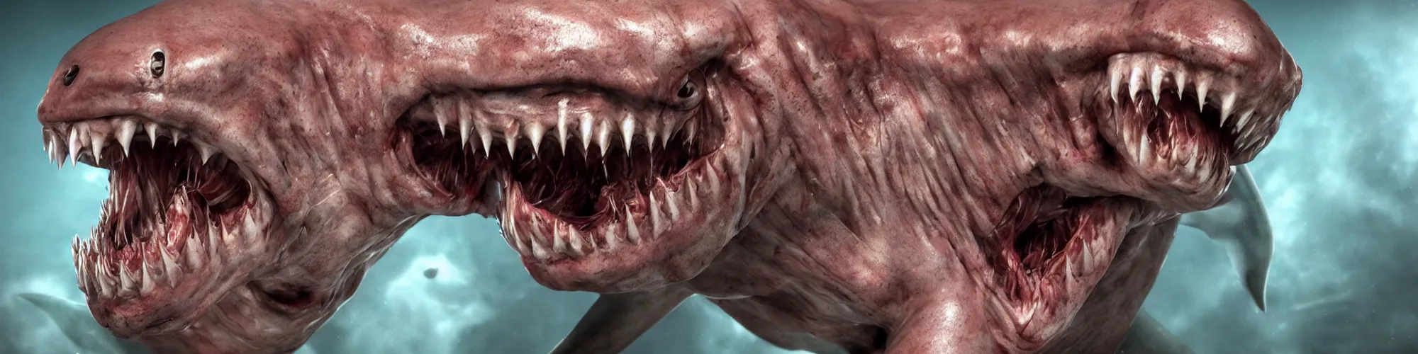 Image similar to A human with shark head made of muscles and flesh, very angry, teeth, ambient light, terror, glows, realistic, photo-realism, hyper realism, picture, detailed, 3D render, scary, distant shot, in the distance,