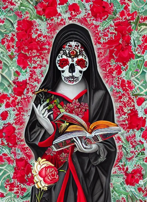 Image similar to masterpiece of Santa muerte with a book in her hand and surrounded by red and white flowers guns and ammunitions offered by devotees, no crop, digital visionary art, extremely high detail, post processed,