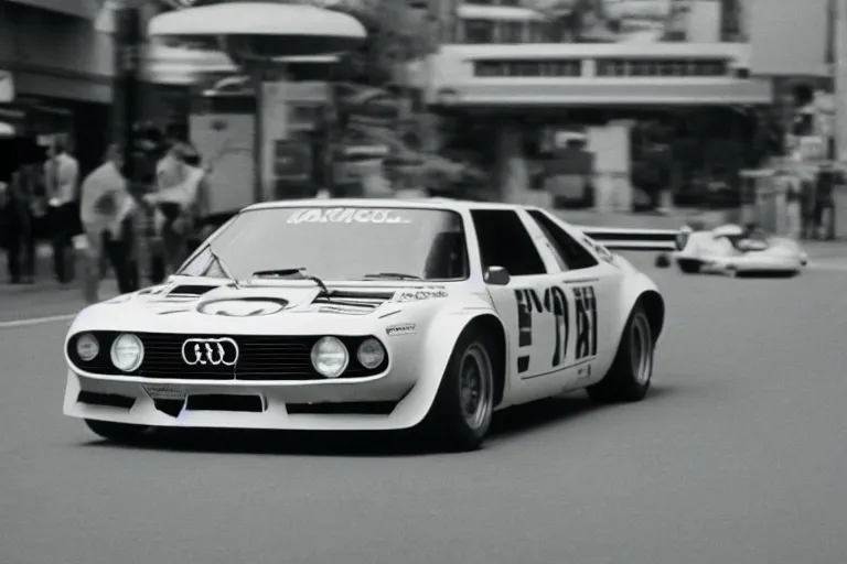 Prompt: single racecar 1968 Audi Quattro, BMW M1, movie still, vintage footage on Tokyo streets, volumetric lighting, f8 aperture, cinematic Eastman 5384 film