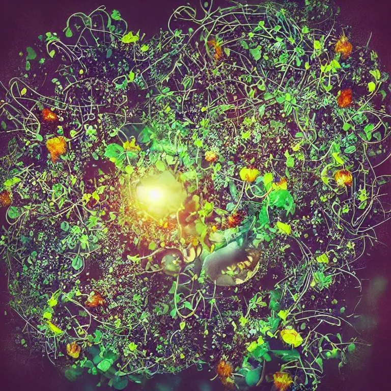 Image similar to double exposure of dally life, symbols of live, explosion, different sprouts and microgreens on mushrooms, cyber mushroom city, mushroom matrix, love is the most relevant theme, 8 k resolution, artistic mode, artistic, trending on instagram, long exposure, love art, serious, fantasy and dreams vibes, mushrooms style and macro style, spring vibes in twilight or sunset lights