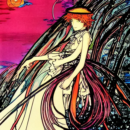 Prompt: kirisame marisa, sunset, artwork by Harry Clarke, touhou, official artwork