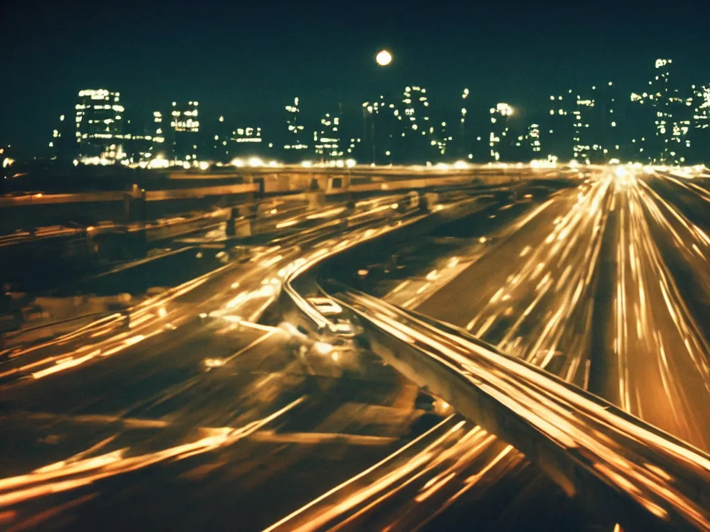 Image similar to 8 0 s movie still, car on the highway at night with bright city in background, medium format color photography, 8 k resolution, arri 3 5 mm cinema, hyperrealistic, photorealistic, high definition, highly detailed, tehnicolor, anamorphic lens, award - winning photography, masterpiece